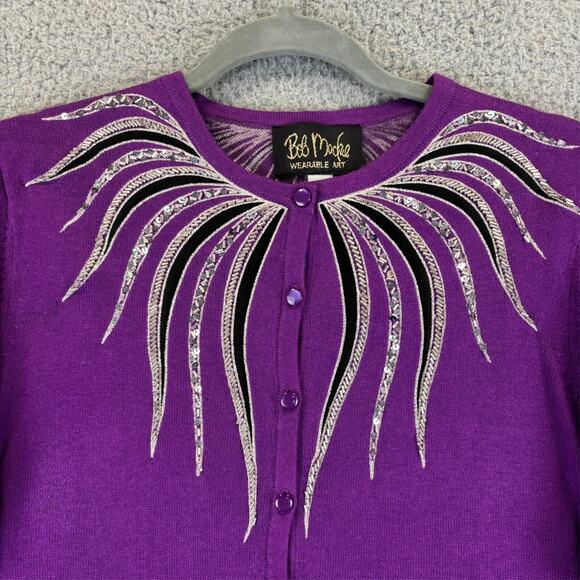 Vtg Bob Mackie Cardigan Medium Purple Artsy Bold Embroidery Embellished Sweater - Picture 2 of 9